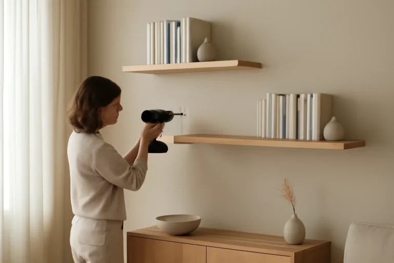 Floating Bookshelf Installation Guide in a calm modern interior setting
