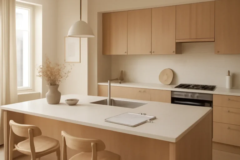 How to Plan a Modern Kitchen Layout in a calm modern interior setting