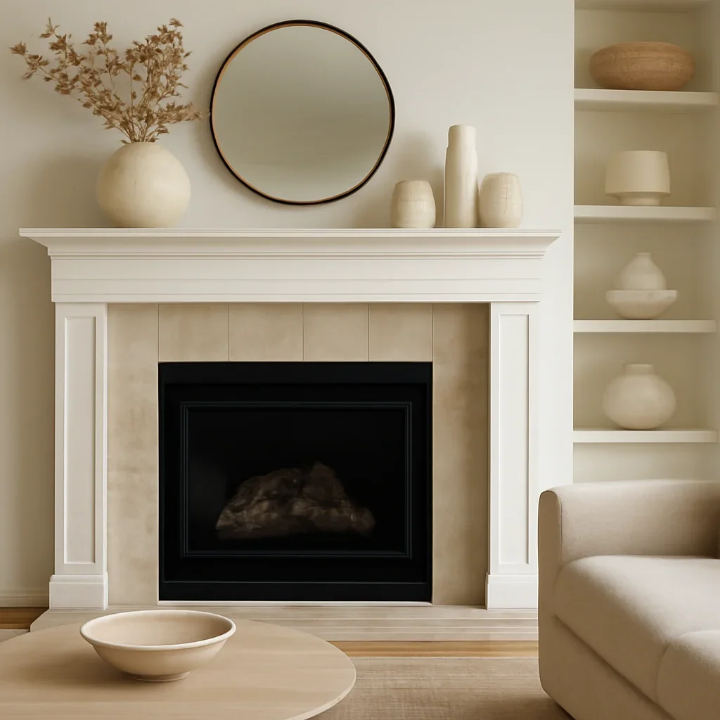 Decor and material detail for how to style a living room fireplace