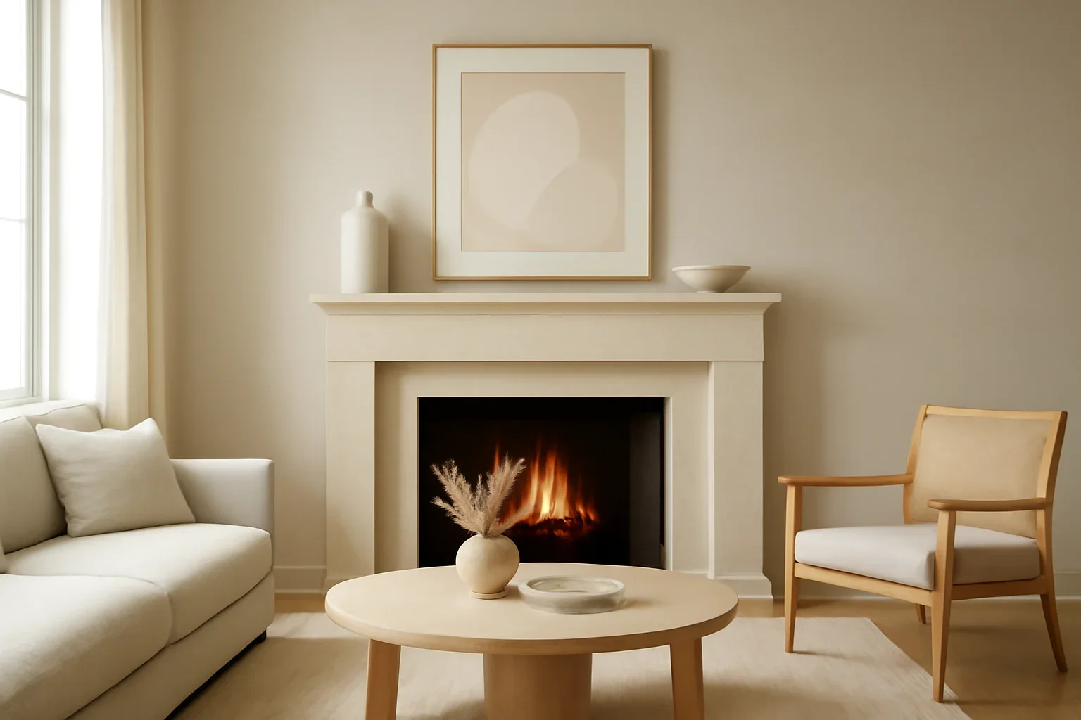 How to Style a Living Room Fireplace in a calm modern interior setting