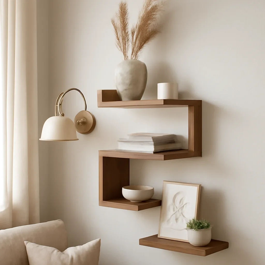 Decor and material detail for how to style zig zag corner shelves