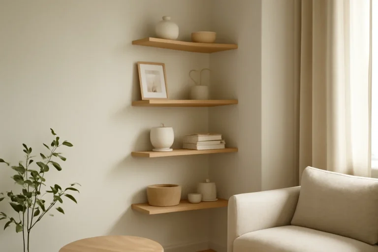 How to Style Zig Zag Corner Shelves in a calm modern interior setting