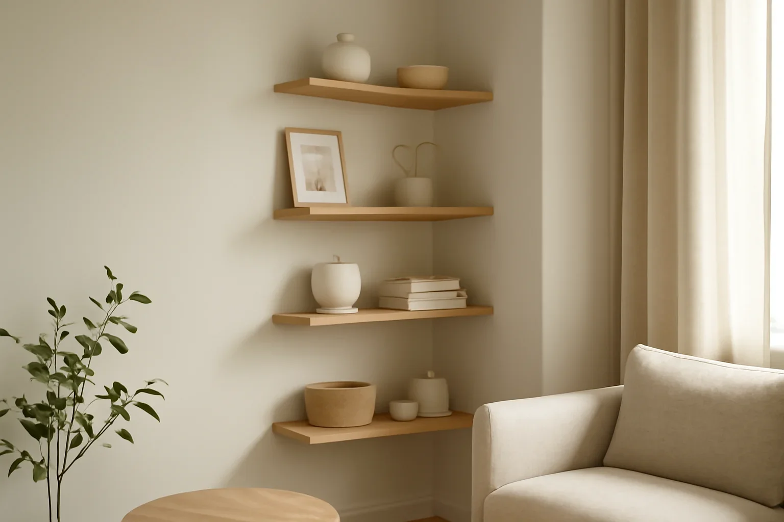 How to Style Zig Zag Corner Shelves in a calm modern interior setting