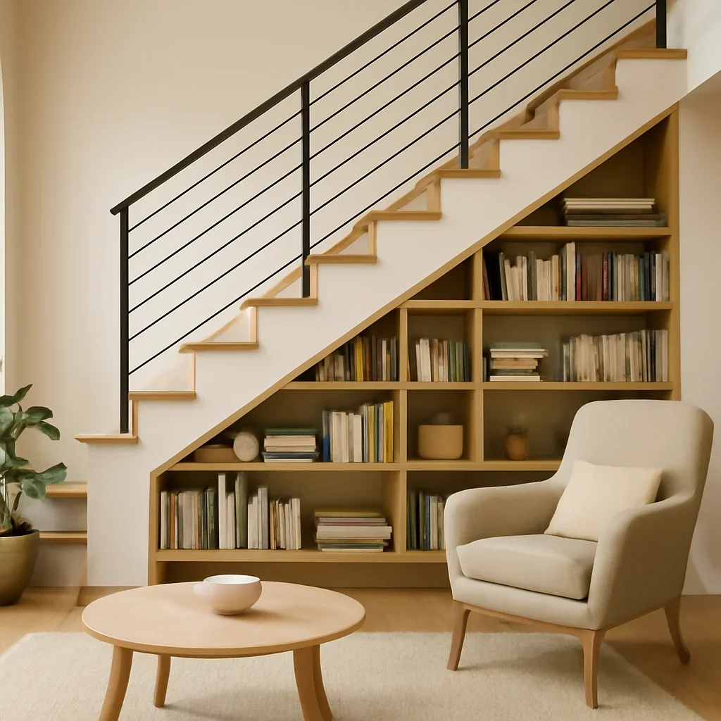 Inviting modern interior related to staircase bookshelf design tips