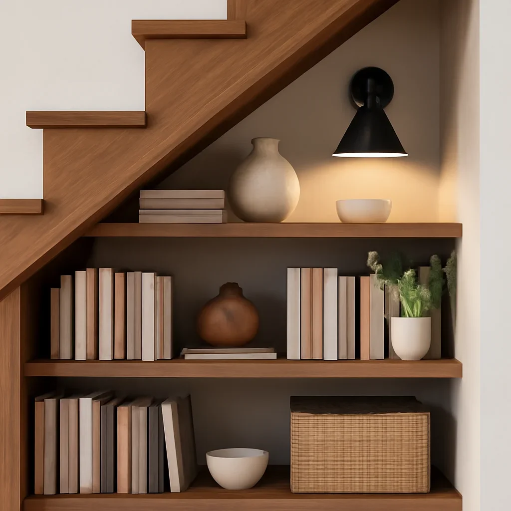 Decor and material detail for staircase bookshelf design tips