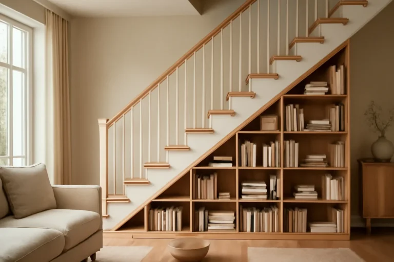 Staircase Bookshelf Design Tips in a calm modern interior setting